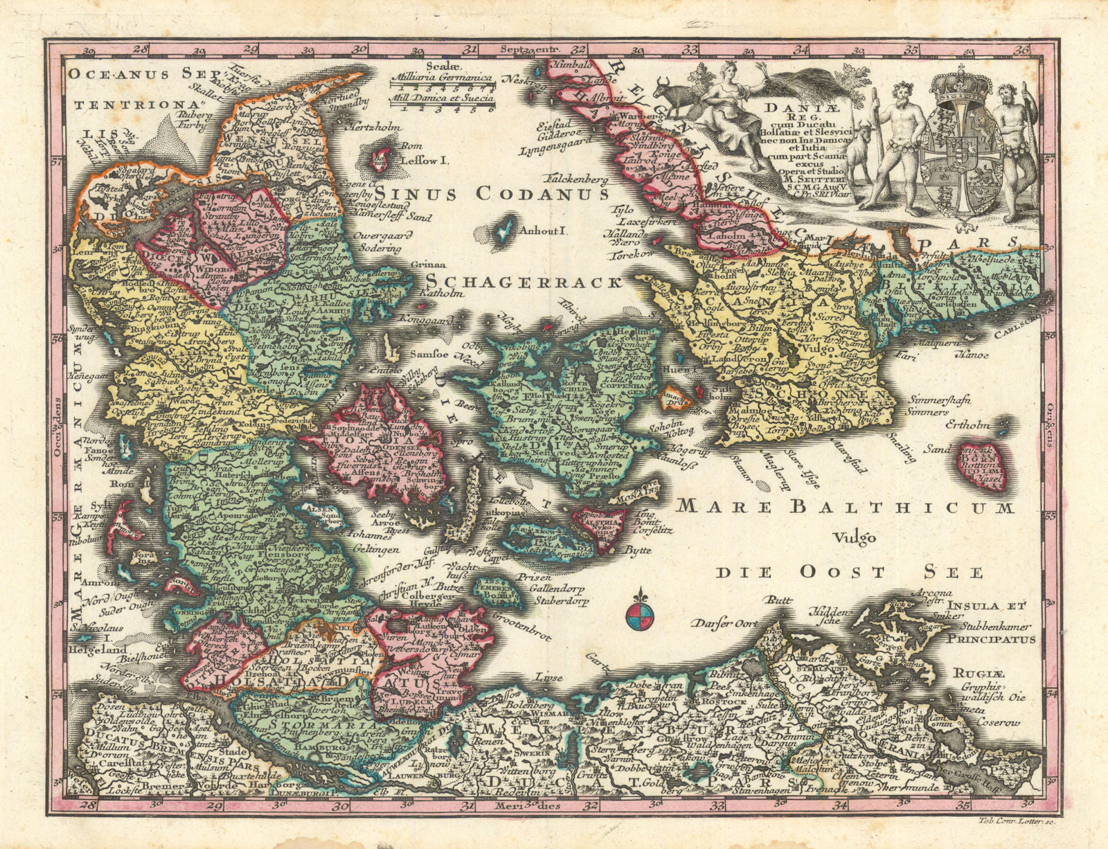 Daniae Reg. cum Ducatu Holsatiae & Slesvici… Denmark & Scania. Seutter c1744 map